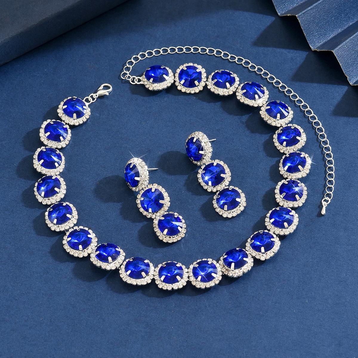 

Popular Blue Gemstone Bridal Banquet Necklace Earrings Two-Piece Set Hand Jewelry High-End Necklace Earrings Set Chain Women