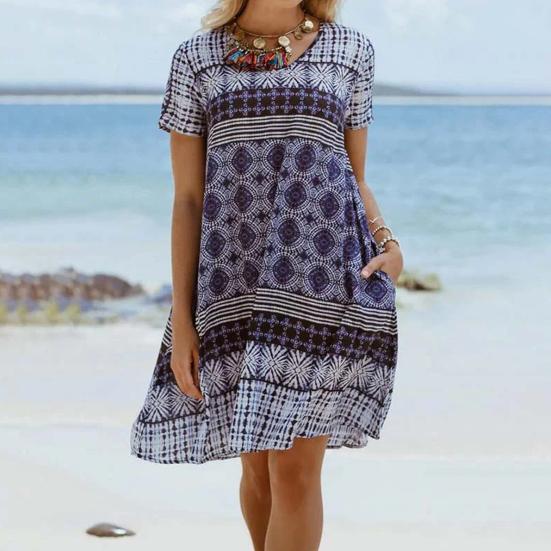 

Yousheng Summer Women Dress Round Neck Knee Length Retro Print Loose Short Sleevess Pullover Vacation Beach Wear Casual Midi Dress M синий