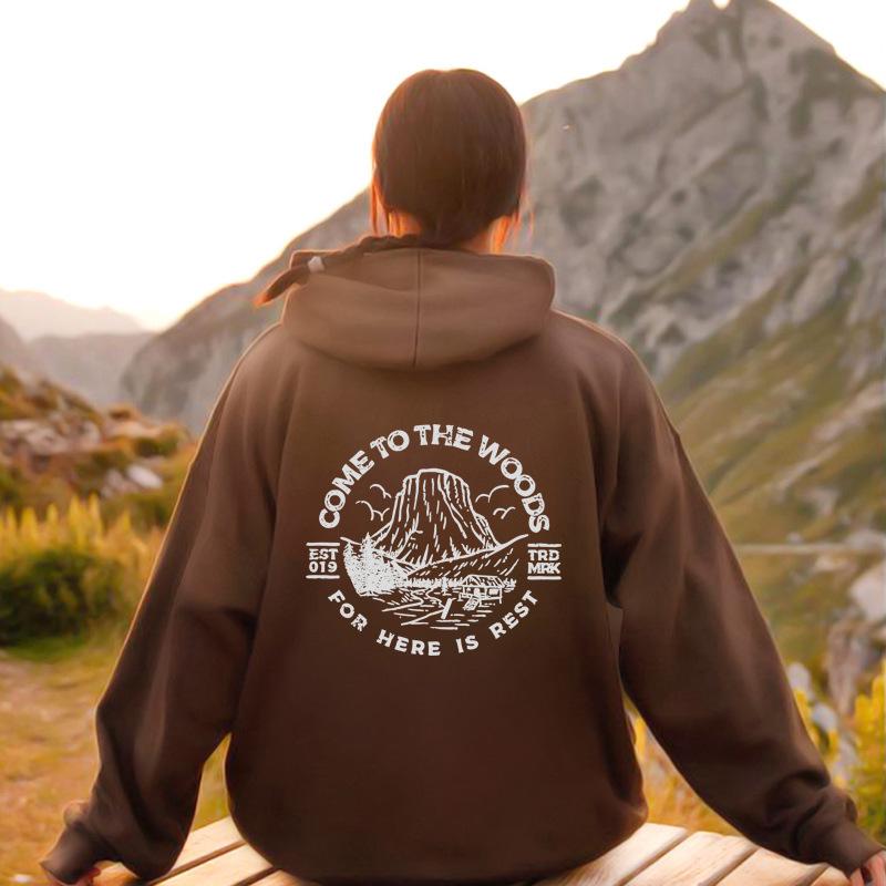 Autumn/Winter Mountain Letter Print Velvet Hoodie with Wrap Collar