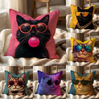 Animal a Cat with Glasses Cushion Cover MultiScene Pillow Cover for Home Car Reversible Soft Durable for Daily Use