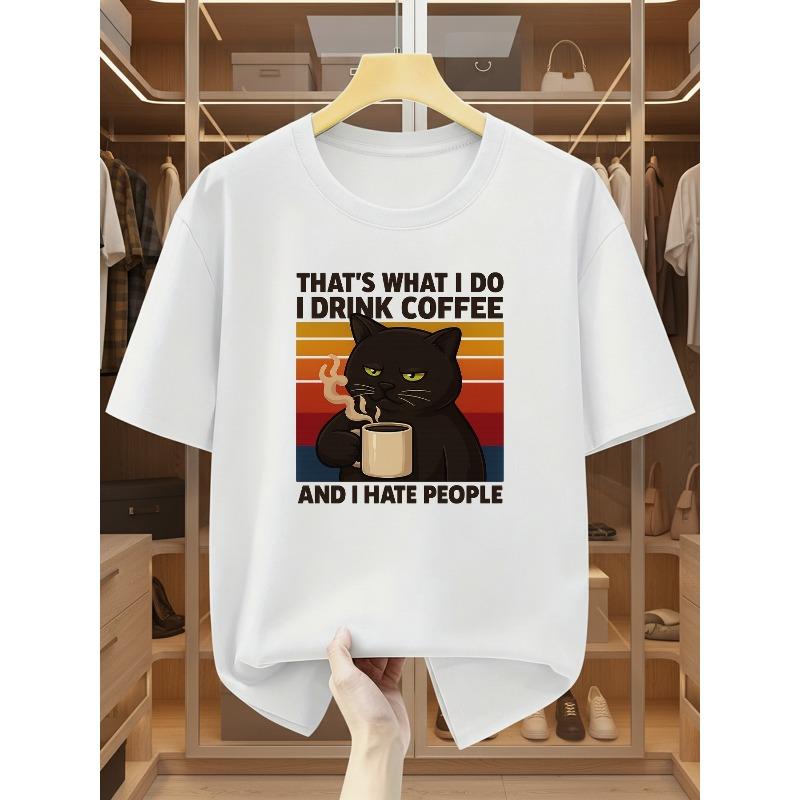 European sizes Men's T-shirt with Black Cat Holding a Coffee Cup Print, Crew Neck, Short Sleeves