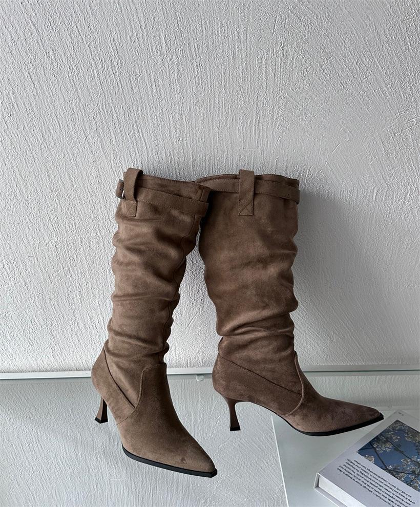 

Sexy pointed suede pleated piled boots women s high heel fashion belt buckle tall thin boots thin heel European and American boots 39
