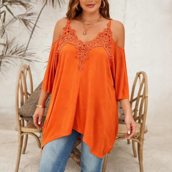Women Blouse V-Neck 3/4 Sleeves Off Shoulder Straps Pullover Tops Asymmetric Lace Splicing Pure Color Mid-length Summer Tops