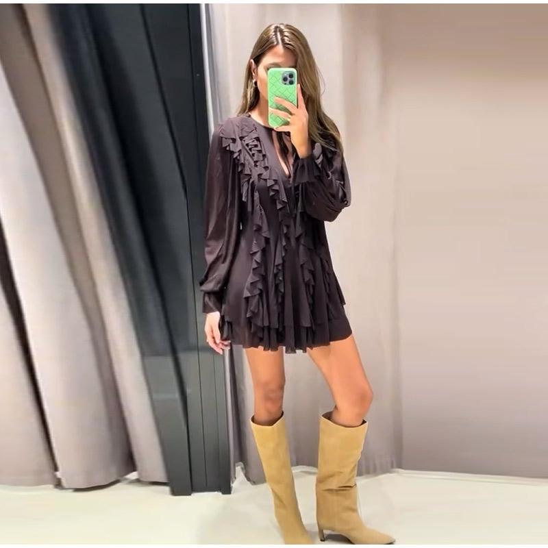 Elegant Lace Fold Dress Women Brown Deep V-neck Long Sleeve Mini Dresses Female 2025 Spring Summer Fashion Loose Lady Robe