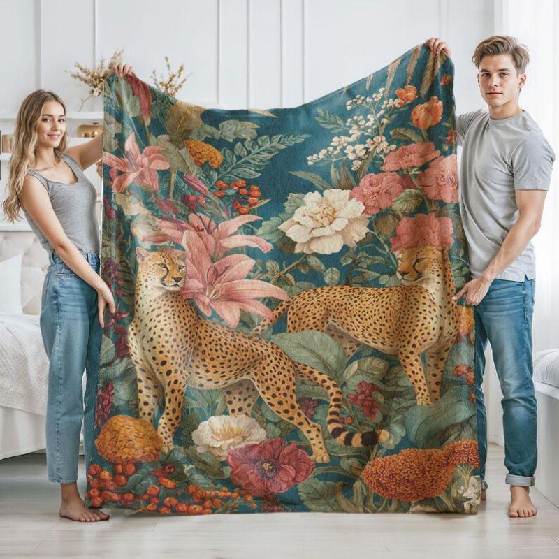 VIKAMA Tropical Cheetah Flower Print Flannel Blanket Cozy Soft For Bed Sofa Office Travel Camping Throw 75X95CM