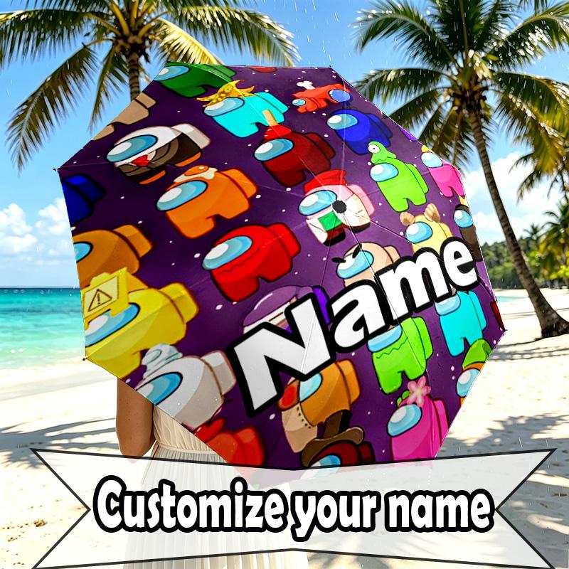 Custom Name Personalized Among Us Print Umbrella, Auto Open Close, 8‑Rib Sturdy Frame, Commute Camping Hiking Use, Birthday Gift