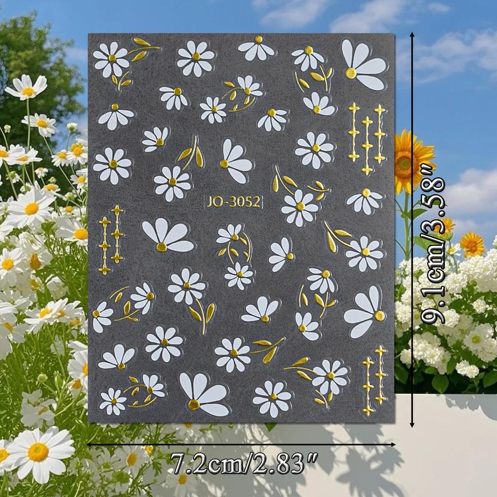 3 To 18 Sheets 3D White Daisy Nail Stickers Gold Line Flower Leaf Decals Self Adhesive Spring Nail Art