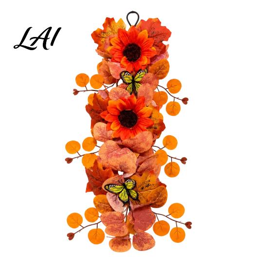 Elegant Multi-layer Maple Leaf Wreath Artificial Fall Sunflower Wall Hanging Garland with Butterfly Autumn Lifelike Butterfly Harvest for