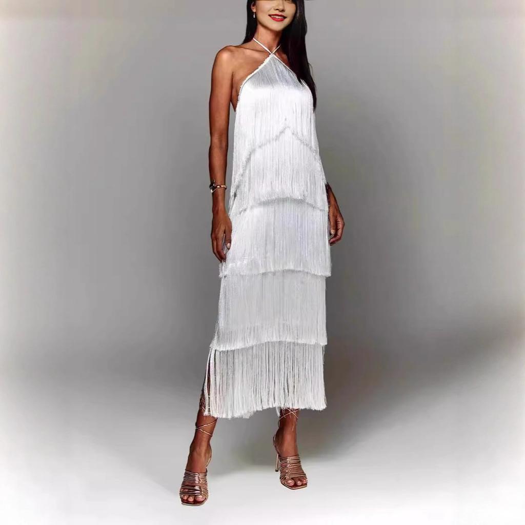GY fashion neck fringed backless slit dress