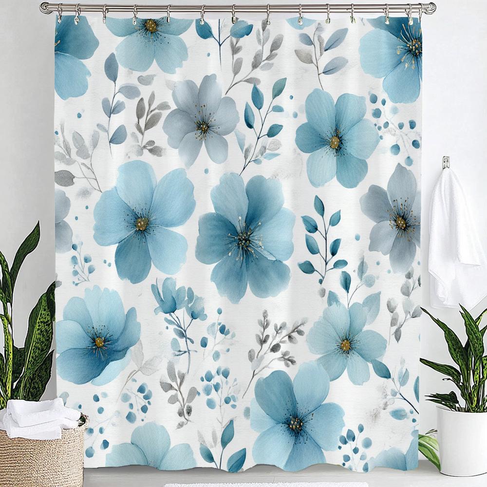 Elegant Blue Floral Print Waterproof Shower Curtain Partition Privacy Hanging Curtain With Hooks Multiple Size Machine Washable