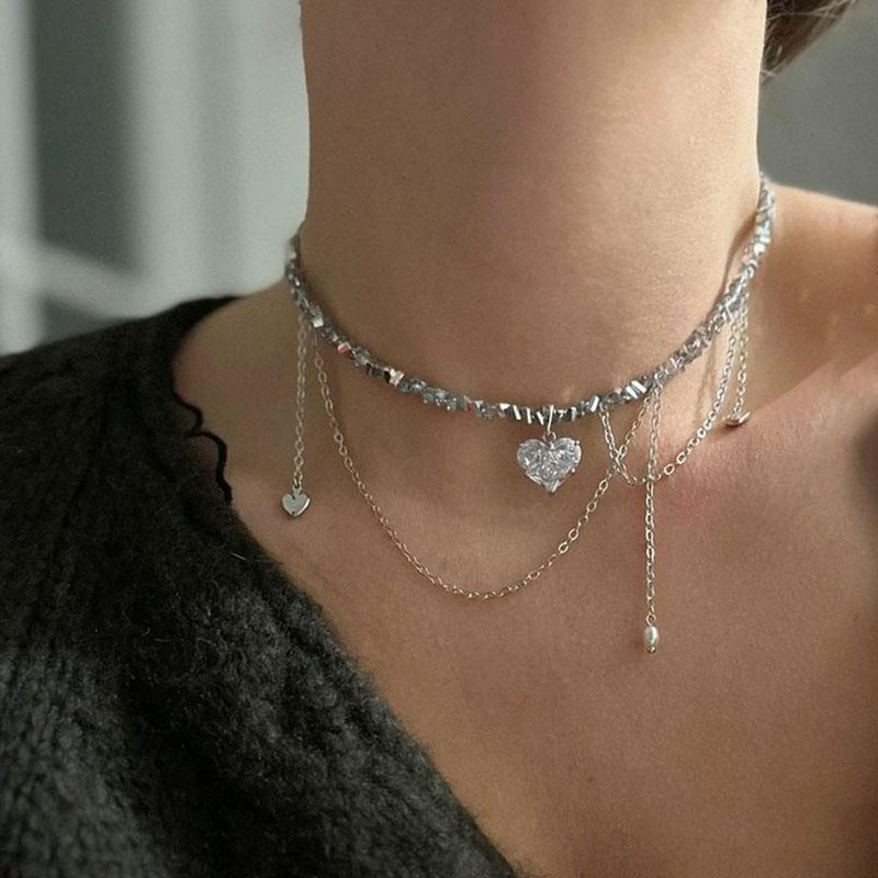 Boho Geometric Transparent Crystal Jewelry Fashion Vintage Sexy Zircon Heart Pendant Tassel Necklace For Women Neelry