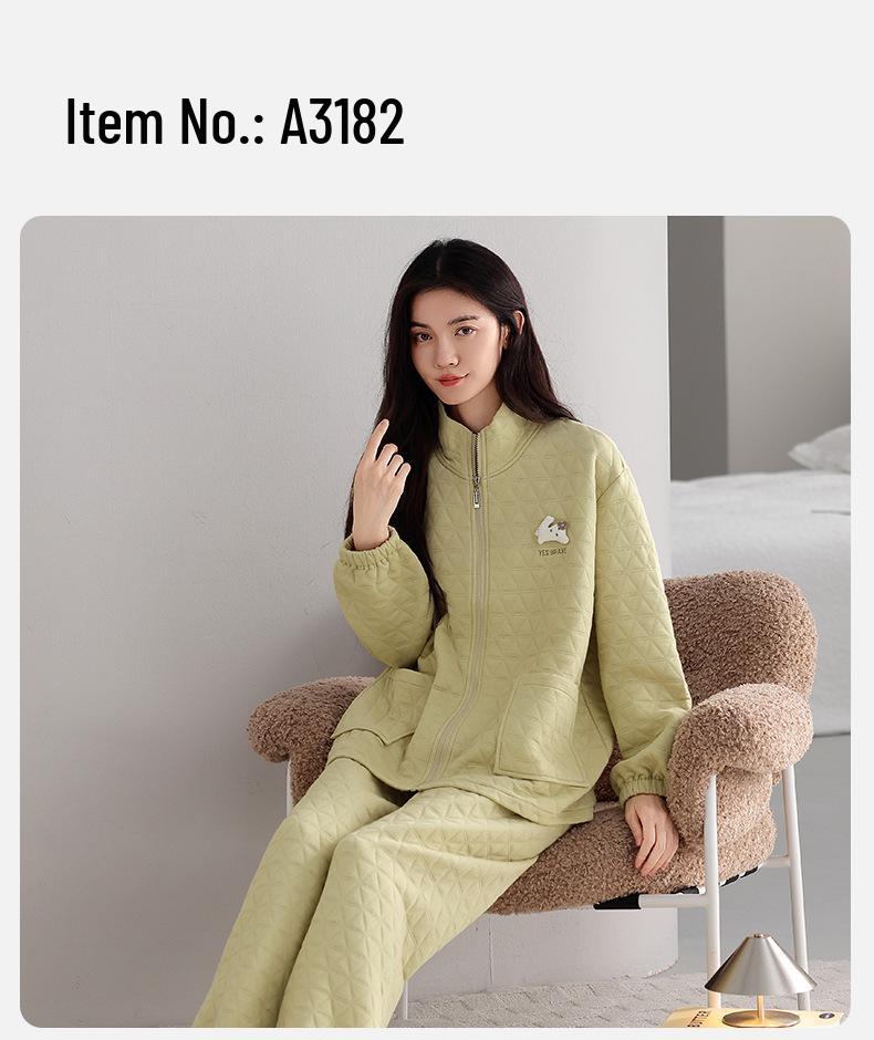 Women's Three-Layer Winter Warm Long Sleeve Zip-Up Homewear Set