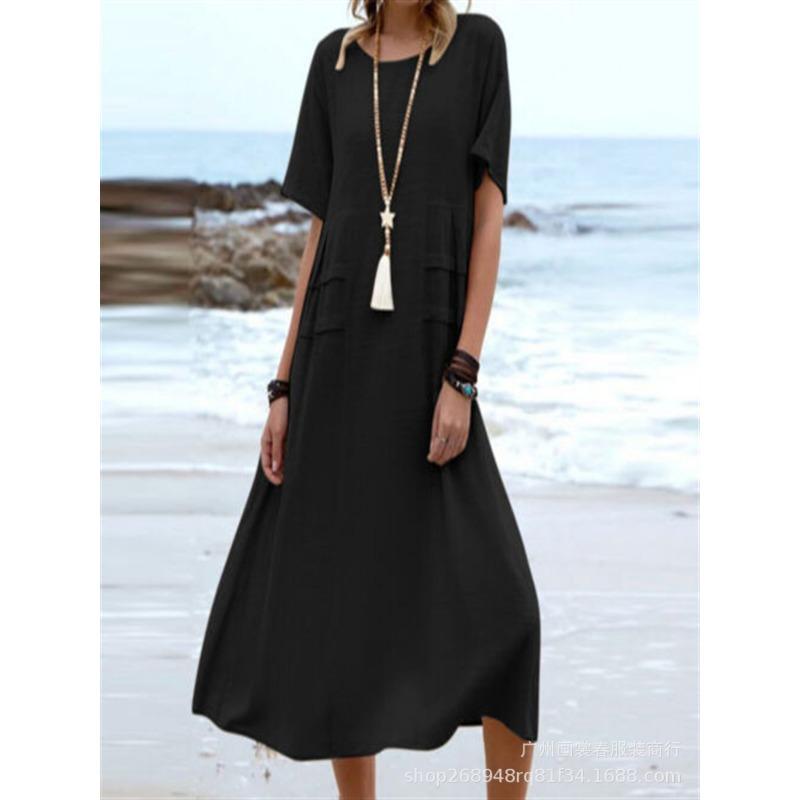 New Women's Cotton Pocket Casual Solid Color Short Sleeved Dress