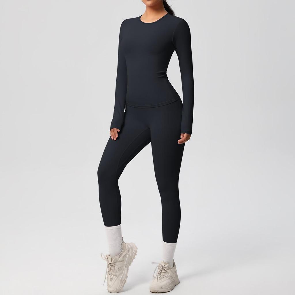 Dual-Sided Solid Color Long-Sleeve Yoga and Running Set - Two-Piece Fitness Outfit