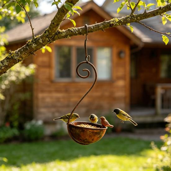 Outdoor Hanging Bird Feeder, Garden Metal Bird Feeder with Curled Hook, Decorative Wild Bird Feeder for Hanging On Tree Branches Balcony Porch