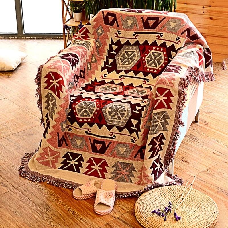 Retro Rutig Vinter Bomull Linne Vävda Linjer Filt Soffhandduk Stickad Förtjockad Värmedyna Mat Bohemisk Boho Pläd Rese Sängöverkast
