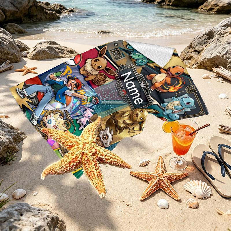 Custom Name Personalized Pocket Monster Print Beach Towel, for Trip Camping Beach Party Home Decor, Birthday Gift for Family & Friends