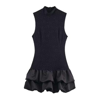 Summer Women's Sleeveless Lace Patchwork Short Dress with Stand Collar