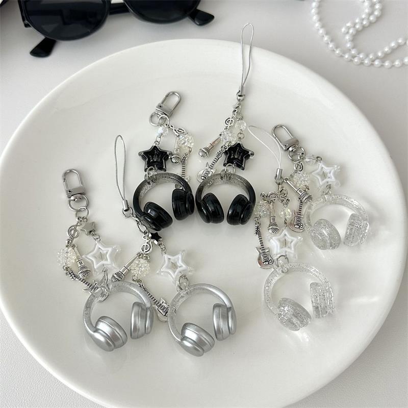 Cute Glitter Earphone-Shaped Keychain Star Guitar Microphone Pendant Phone Chain Lanyard Girly Backpack Charms Bag Hanging Gifts