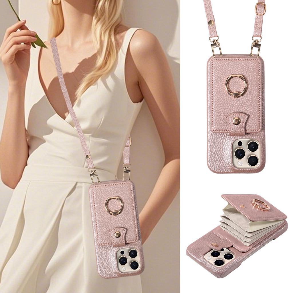 Litchi Texture PU Leather Wallet Case for iPhone 13 Pro Max, Accordion Card Holder with Ring Kickstand & Crossbody Strap, Shockproof Cover