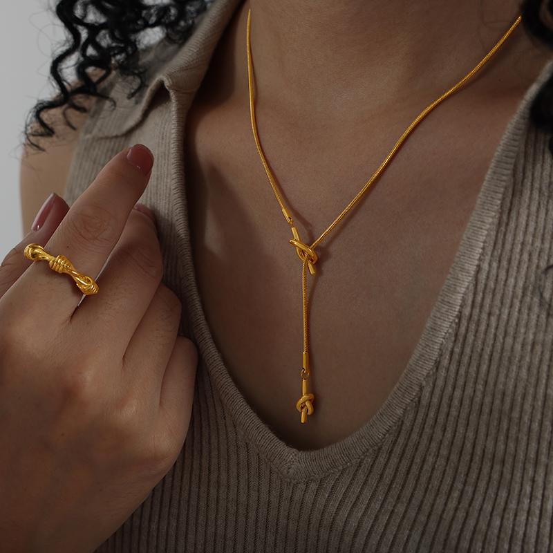 Stainless Steel Knot Pendant Necklace 18k Gold Plated Waterproof Non Tarnish Adjustable Sweater Chain Long Necklace For Women