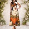 Women s Plus Size Sleeveless Keyhole Neck Halloween Ghost Pumpkin Printed White Long Dress