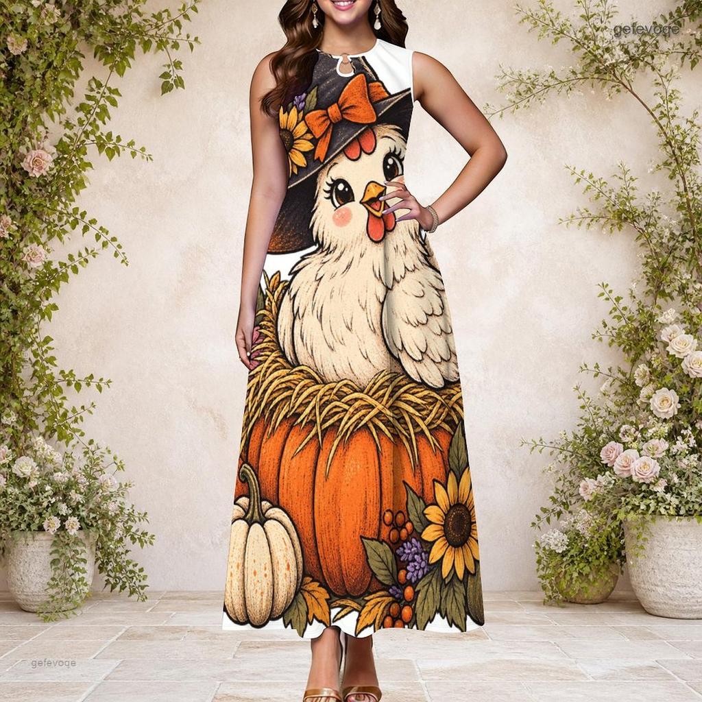 Women s Plus Size Sleeveless Keyhole Neck Halloween Ghost Pumpkin Printed White Long Dress
