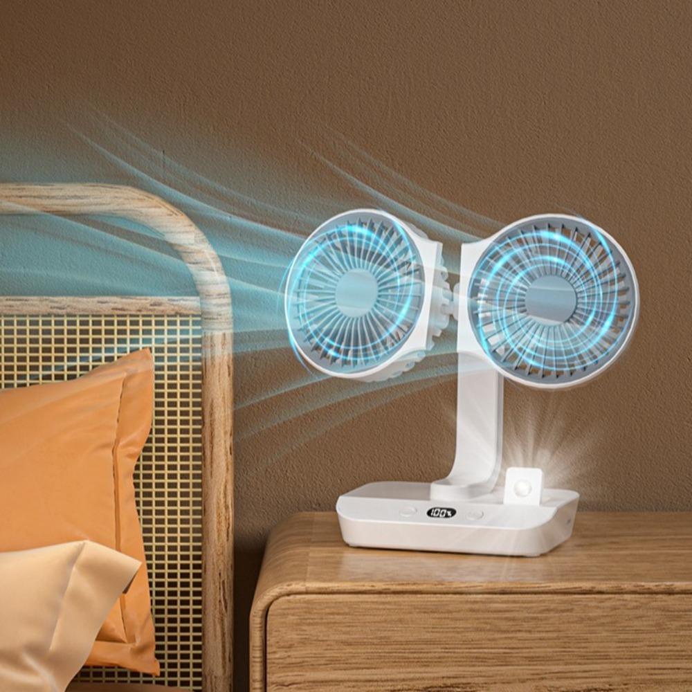 Fast Cooling Double Head Desktop Fan 4-Gears Wind Night Lights Portable Fan Household