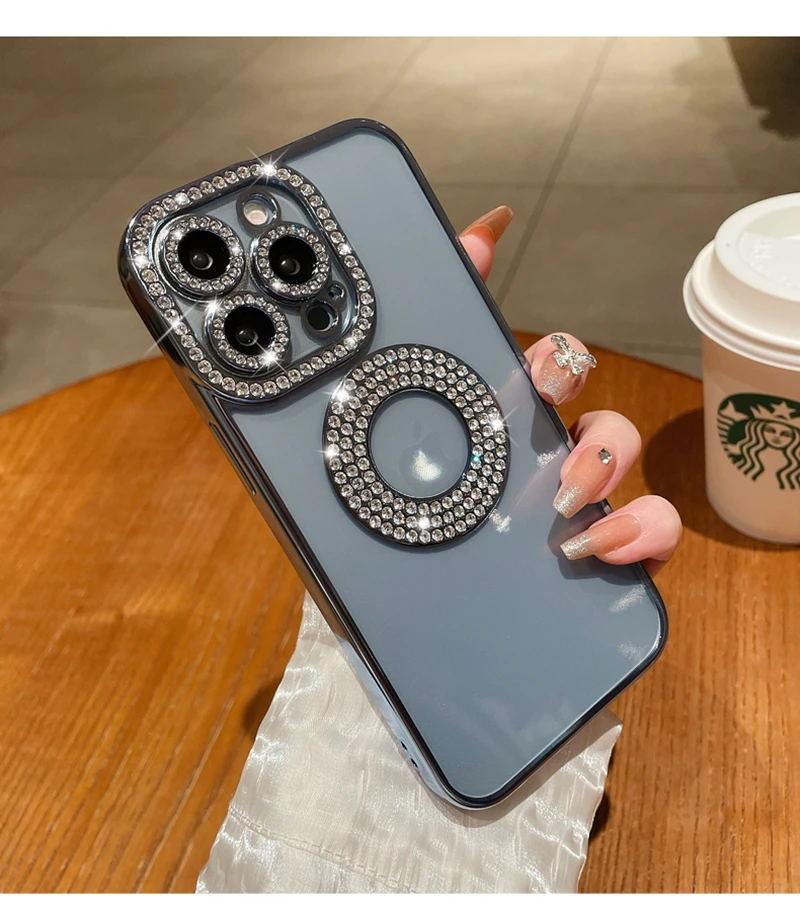 Luxury Electroplated Diamond Glitter Case For iPhone 11 12 13 14 15 16 Pro Max 14 Plus Transparent Hollow Out Bumper Soft Cover