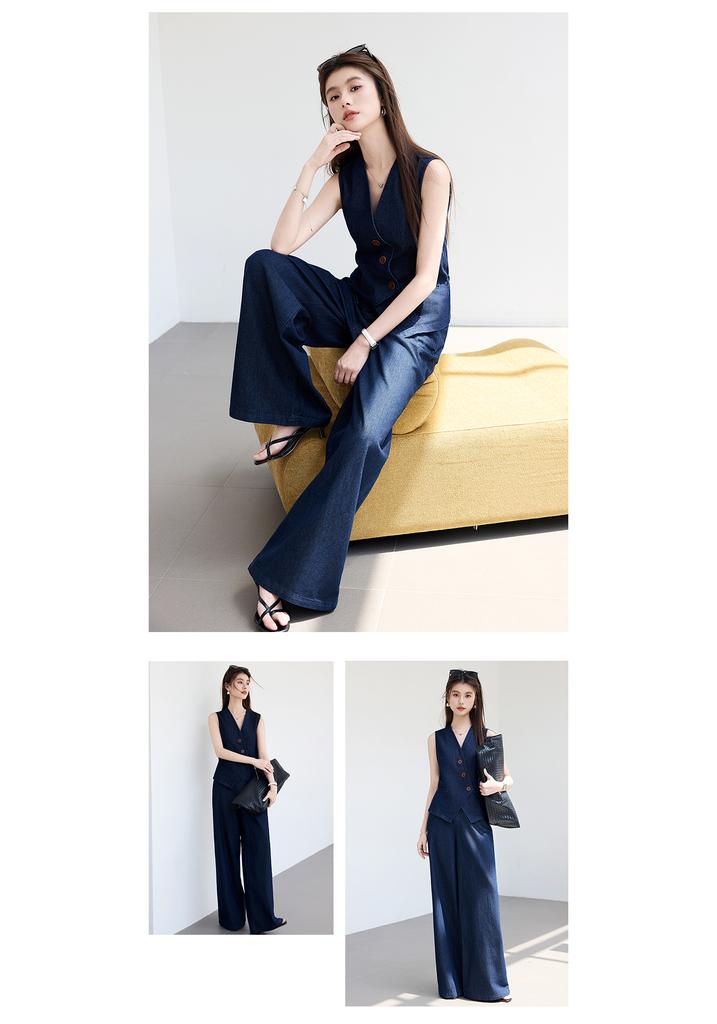 Summer "light Oxygen Commuting" Series Imitation Denim Color V-neck Vest+wide Leg Pants Set