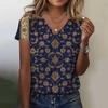 2024 Summer Breathable Comfortable Vintage 3D Floral Print V Neck Shirt Daily Home Short Sleeve T-Shirt Plus Size Women's Tops