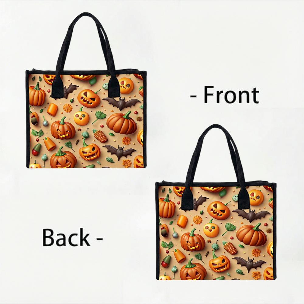 Halloween Pumpkin Bat Print Tote Bag Fashion Large Capacity Handbag for Daily Use Party