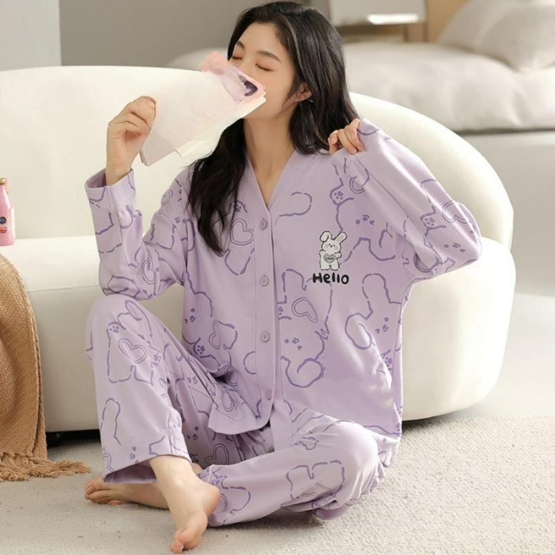 Pajamas Women's Cardigan Spring and Autumn Models Autumn Long-sleeved Cute Girl Models Ins Home Service