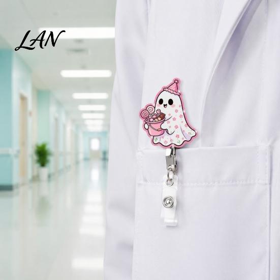 Lightweight Retractable Badge Holder Halloween Ghost Reel, Glitter Acrylic Clip, Cute Pink Smooth Cord Reel ID Name for Women Nurse Teacher