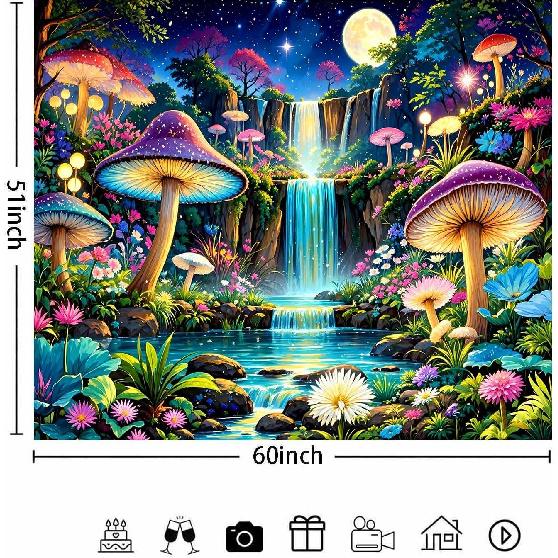 Ine Ive Blacklight Fantasy Mushroom Forest Tapestry Aesthetic UV Reactive Waterfall Tapestries 60x51Inch Moon Night Wildflower Plant Landscape Black