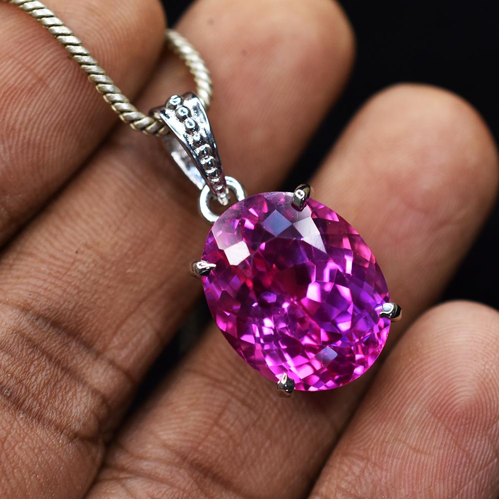 925 Sterling Silver Pendant Natural 32 Ct Pink Sapphire Oval Gemstone