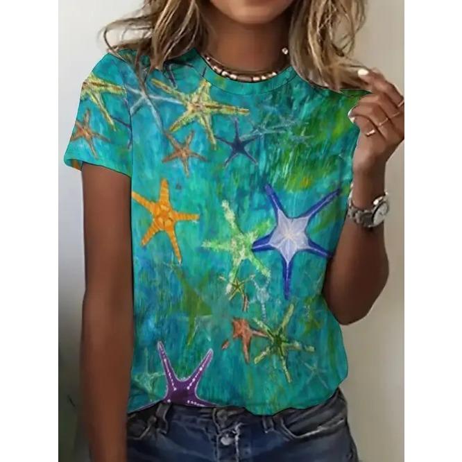 Summer Round Neck 3D Flower Butterfly Pattern Print Top Fashionable Casual Retro Short Sleeved Women's T-shirts