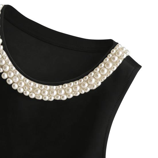 Damska kamizelka jedwabna satynowa bez rękawów z kołnierzem z sztucznych pereł luźny krój letnie topy formalne półformalne