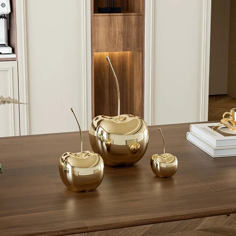 Creative Golden Cherry Simulated Fruit Sculpture Resin Handicrafts Golden Apple Decorative Figurines Home Decoration Accessories