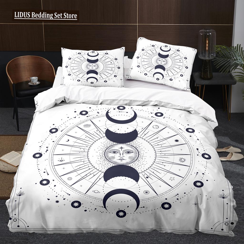 Antik Güneş Ay Nevresim Takımı King Queen Boyutu Mor Leylak Rengi Renkli Galaksi Psikedelik Boho Mandala Polyester Yatak Takımı