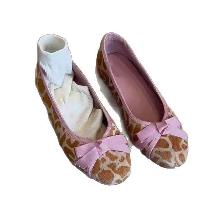 Sheepskin Version~ Leopard Print Horsehair Grandma Shoes Women's New Round Head French Bow One Pedal Flat Shoes Small Single Shoes