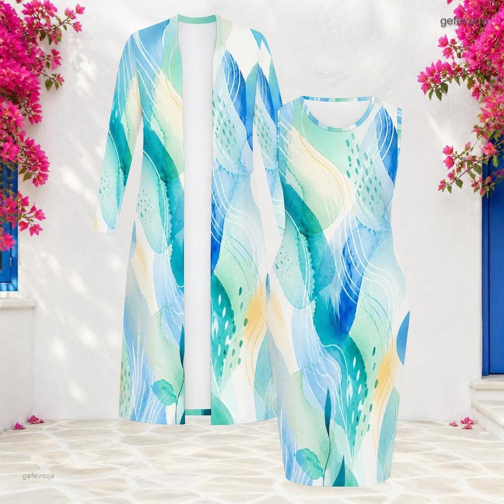 Women Plus Size Two Piece Set Long Sleeve Open Front Cardigan Sleeveless Printed Bodycon Dress Dark Blue
