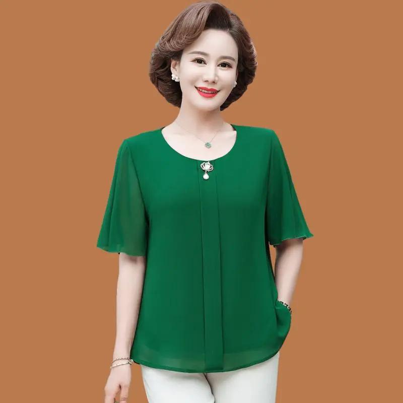 Women White Chiffon Round Neck Flutter Sleeve Casual Blouse