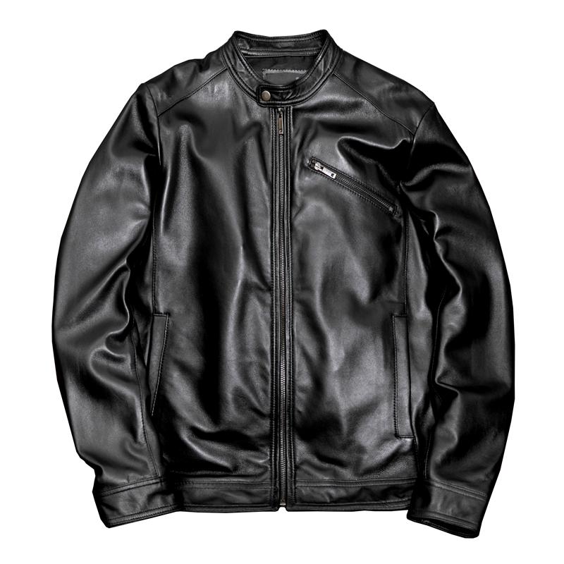 New Mens Genuine Leather Jacket Slim Fit Short Style Sheepskin Coat Autumn Stand Collar Casual Outerwear