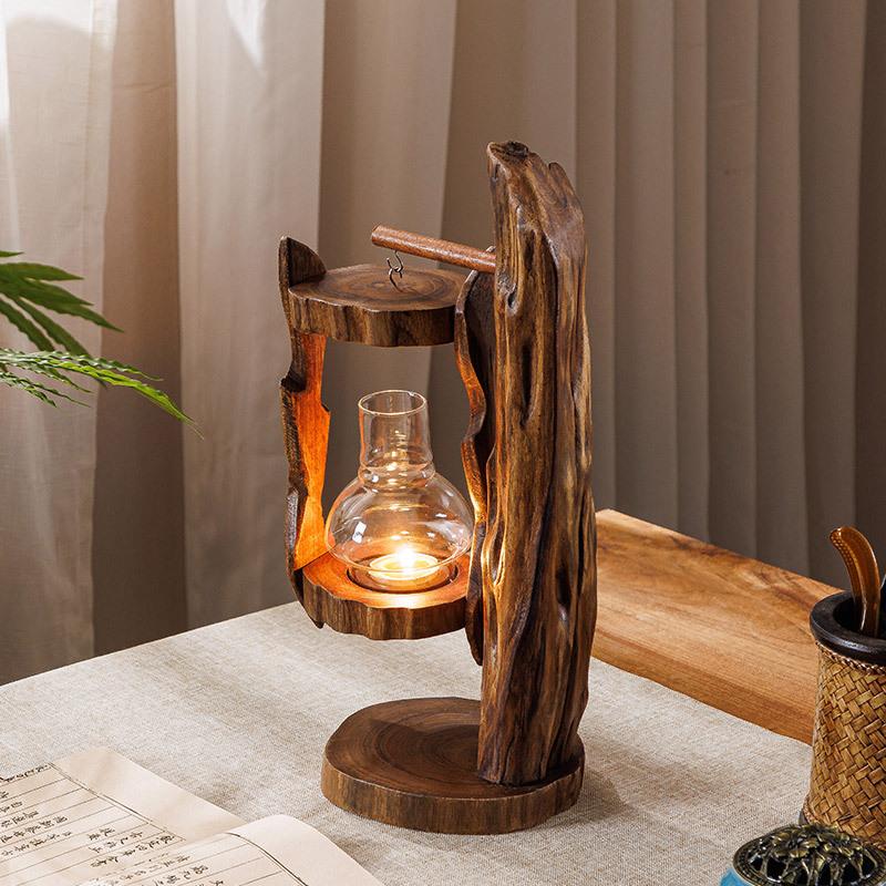Thai Style Wooden Candle Lantern, Retro Southeast Asian Glass Hurricane Lamp, Outdoor Windproof Feng Shui Decor for Garden