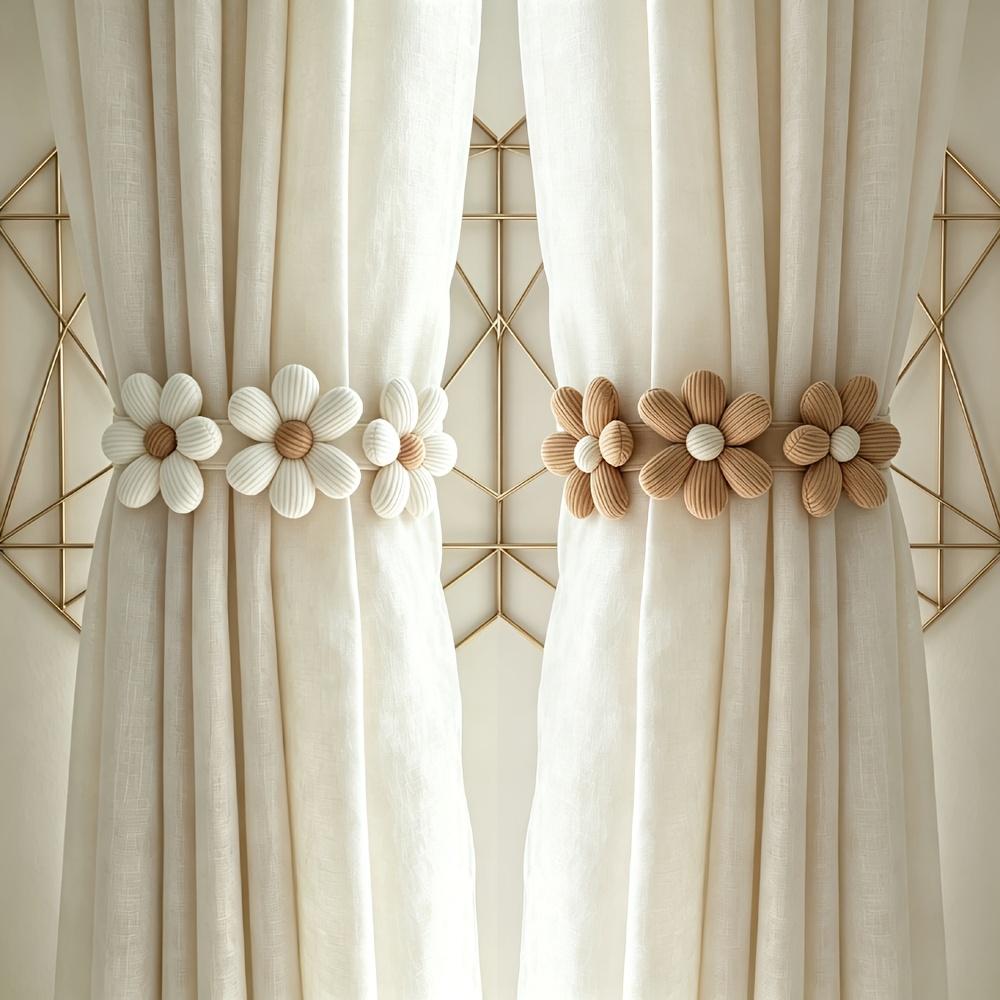 1Pc Boho Elastic Curtain Tieback with Daisy Floral Tassel, Ivory Cream Pattern Invisible Hook Ring, Simple Installation for Home