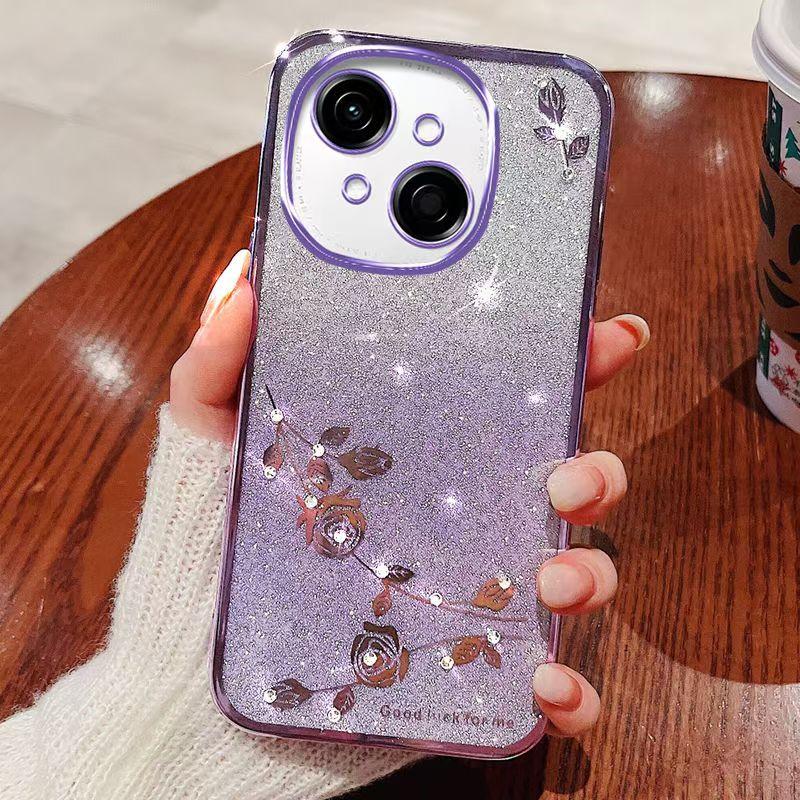 Pouzdro na telefon pro Tecno Spark Go 1 Flashově růžové Květinové Průhledné Ochrana proti nárazům Luxusní Diamantový Třpytivý Ochranný Kryt