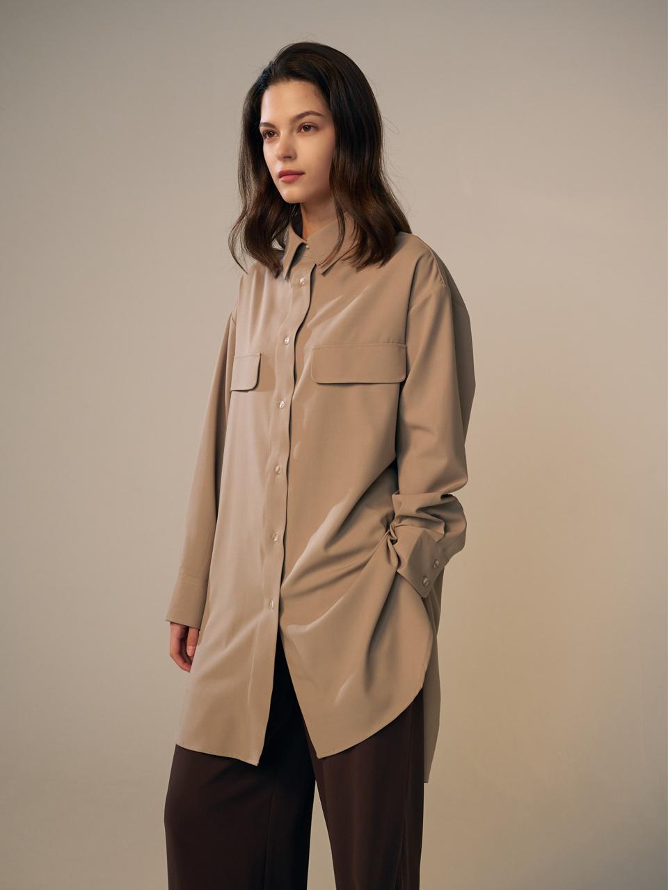 Tosae Loose Fit Pocket Long Shirt Khaki Beige Khaki Beige/Free