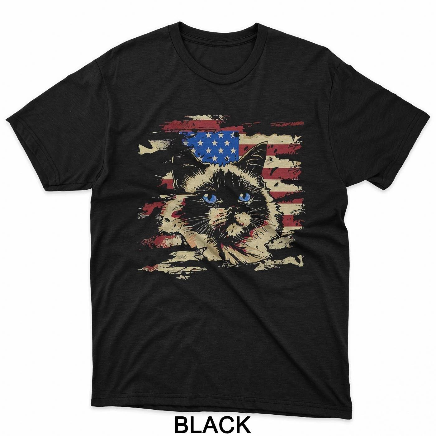 Blue Eyed Patriotic Cat Vintage American Flag Rustic Art T-Shirt XL