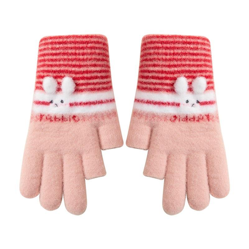 Cute rabbit stripes leak two fingers student writing thickened warm winter knitted wool gloves girl